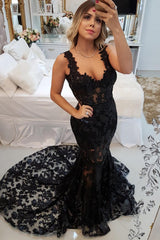 Black Lace Sleeveless Prom Dresses | Sexy Mermaid Open Back Evening Dresses