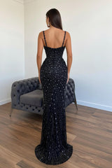 Sleeveless Mermaid Beading Spaghetti Strap Black Prom Dress Evening Formal Dress
