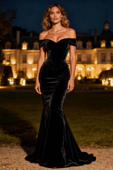 Black Mermaid Velvet Off The Shoulder Long Corset Holiday Party Dress
