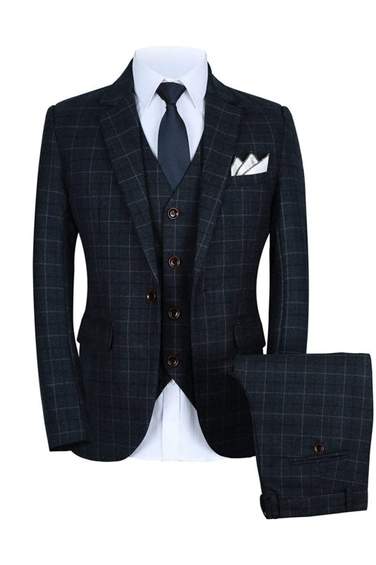 Black Notched Lapel Plaid Three Piece Business Suit for Men