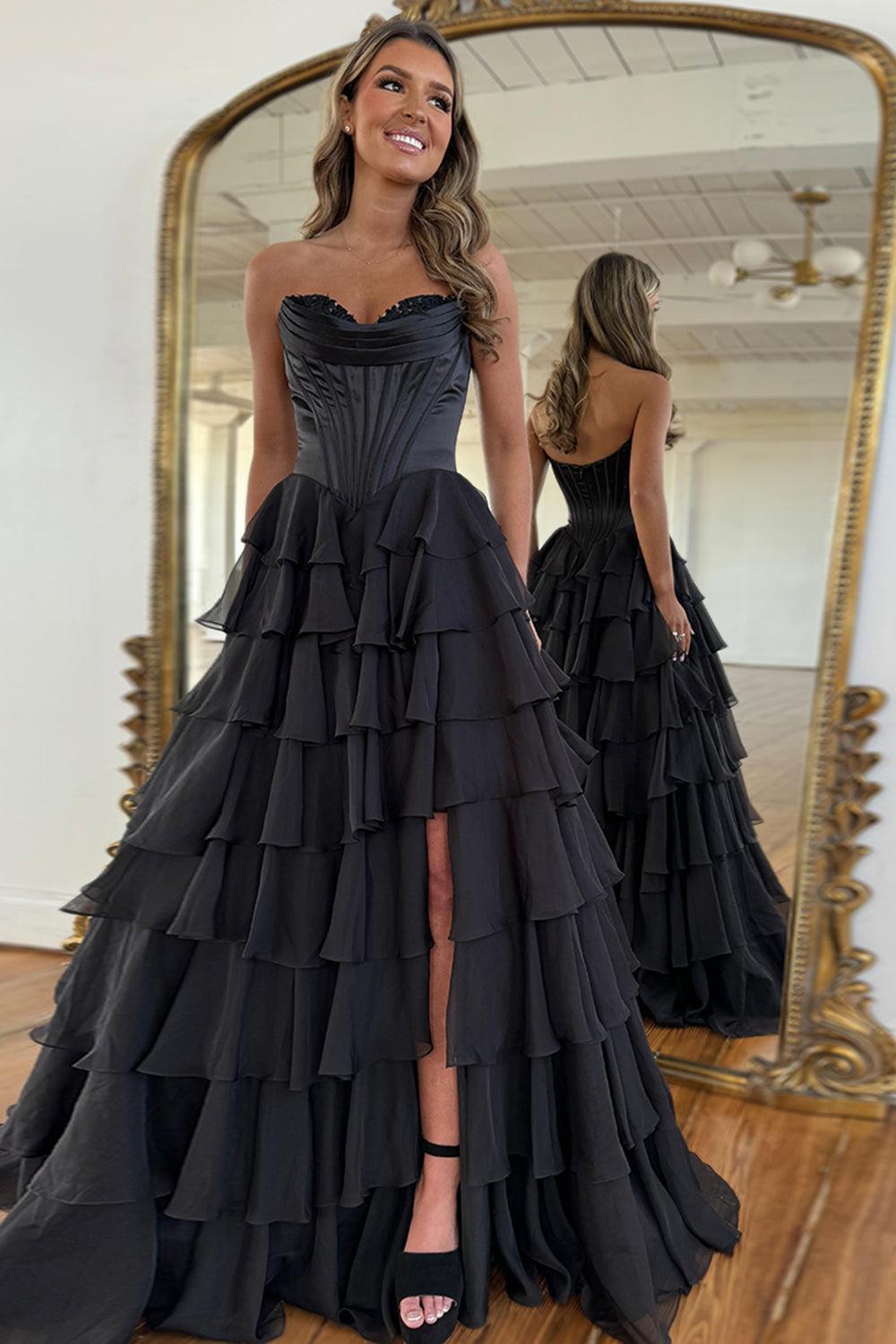 Suzhoufashion Black Prom Dress A Line Sweetheart Ruffled Corset Long Formal Dress With Slit suzhoufashion Suzhoufashion Black Prom Dress A Line Sweetheart Ruffled Corset Long Formal Dress With Slit suzhoufashion