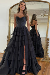 Black Prom Dress A Line Sweetheart Ruffled Corset Long Formal Dress With Slit