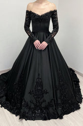 Black Prom Dress A Line V Neck Lace Off The Shoulder Beading Satin Formal Dress