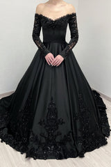 Black Prom Dress A Line V Neck Lace Off The Shoulder Beading Satin Formal Dress