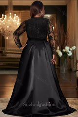 Black Prom Dress A Line V Neck Lace Sleeves Satin Formal Dress With Slit