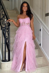 Black Prom Dress Floral A-Line Ruffles Strapless Long Formal Dress With Slit
