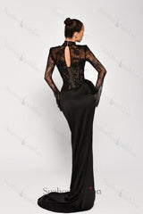 Black Prom Dress Mermaid High Neck Sleeves Lace Panel Train Satin Formal Dress With High Slit