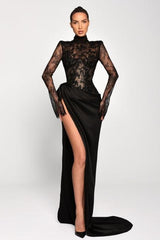 Black Prom Dress Mermaid High Neck Sleeves Lace Panel Train Satin Formal Dress With High Slit