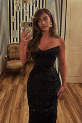 Black Prom Dress Mermaid Sweetheart Sleeveless Sequined Beading Tulle Formal Dress