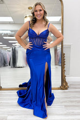 Black Prom Dress Rhinestones Corset Ruched Mermaid Long Formal Dress With Slit