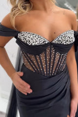 Black Prom Dress Satin Mermaid Beaded Long Formal Dress With Slit