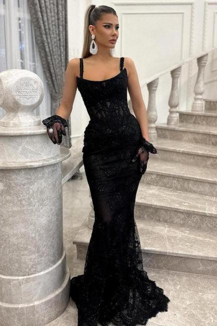 Black Prom Dress Spaghetti Strap Mermaid Sleeveless Beaded Evening Lac suzhoufashion Black Prom Dress Spaghetti Strap Mermaid Sleeveless Beaded Evening Lac suzhoufashion