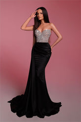 Black Prom Dress Strapless Sleeveless Pleated Mermaid Evening Formal Dress With Bead Embroidery