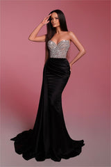 Black Prom Dress Strapless Sleeveless Pleated Mermaid Evening Formal Dress With Bead Embroidery