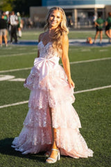Black Prom Dress Sweetheart Ruffled Bow Long Formal Dress With Slit