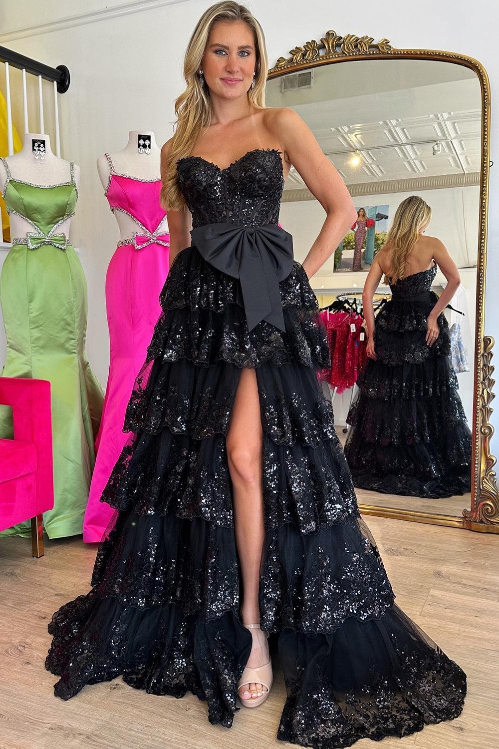 Suzhoufashion Black Prom Dress Sweetheart Ruffled Bow Long Formal Dress  With Slit – suzhoufashion