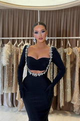 Black Prom Dress Velvet Long Sleeve Beaded Long Mermaid Evening Formal Dress