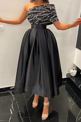 Black Satin A Line Prom Dress with Beaded Asymmetric Neckline