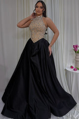 Black Satin A Line Prom Dress with Crystal Halter Bodice