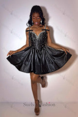 Black Satin Homecoming Dresses Short Corset Cocktail Dresses With Rhinestones
