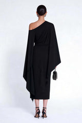 Suzhoufashion Black Sheath One Shoulder Midi Prom Dress With Cape