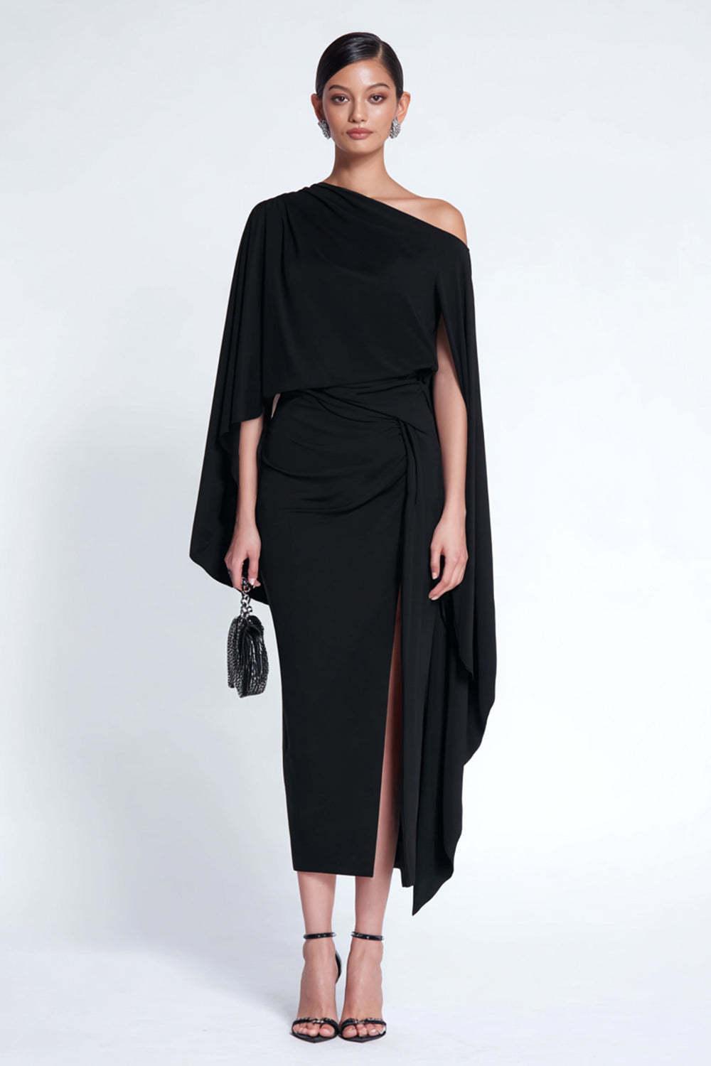 Suzhoufashion Black Sheath One Shoulder Midi Prom Dress With Cape
