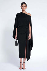 Suzhoufashion Black Sheath One Shoulder Midi Prom Dress With Cape