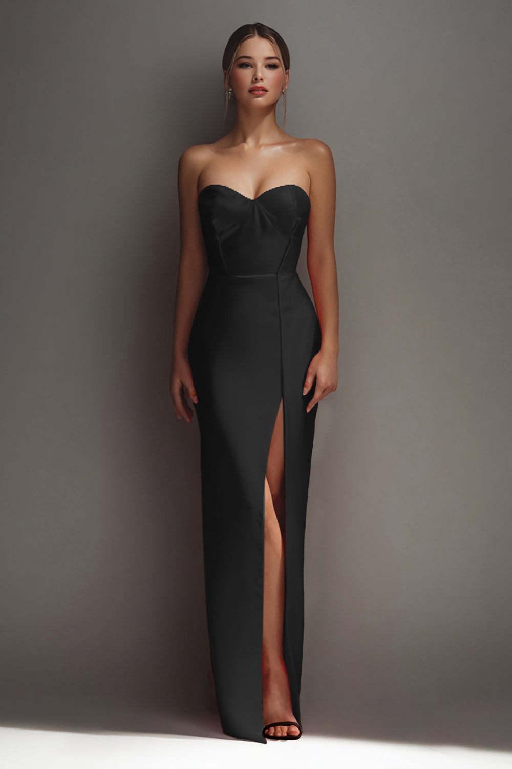 Suzhoufashion Black Sheath Sweetheart Long Satin Prom Dress With Slit