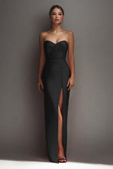 Suzhoufashion Black Sheath Sweetheart Long Satin Prom Dress With Slit