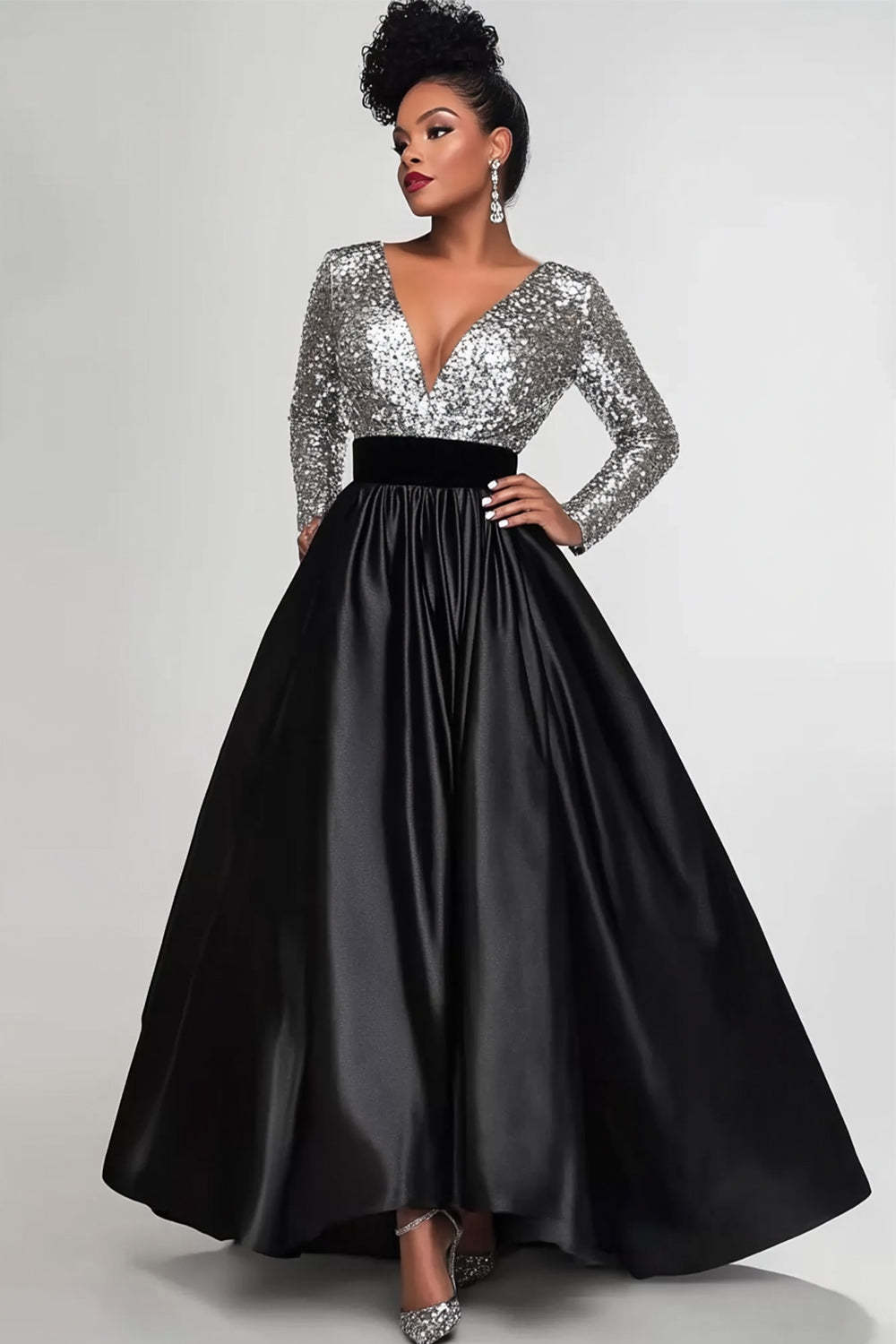 Suzhoufashion Black Silver Wedding Guest Dress A-Line Long Sleeves Long Formal Dress Suzhoufashion Black Silver Wedding Guest Dress A-Line Long Sleeves Long Formal Dress