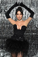 Black Strapless Sequined Homecoming Dress Short Cocktail Dresses with Feathers