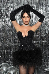 Black Strapless Sequined Homecoming Dress Short Cocktail Dresses with Feathers
