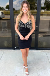 Black Tight Homecoming Dresses Spaghetti Straps Short Cocktail Dresses With Beading