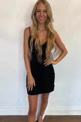 Black Tight Homecoming Dresses Spaghetti Straps Short Cocktail Dresses With Bow