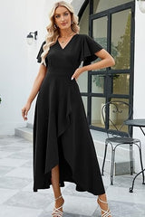 Black V Neck Wedding Guest Dress High Low Batwing Sleeves Party Dress