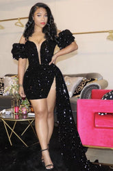 Black V-neck Off-the-Shoulder Sequins Homecoming Dresses