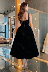 Black Velvet Dress A Line Tea Length Christmas Party Dress
