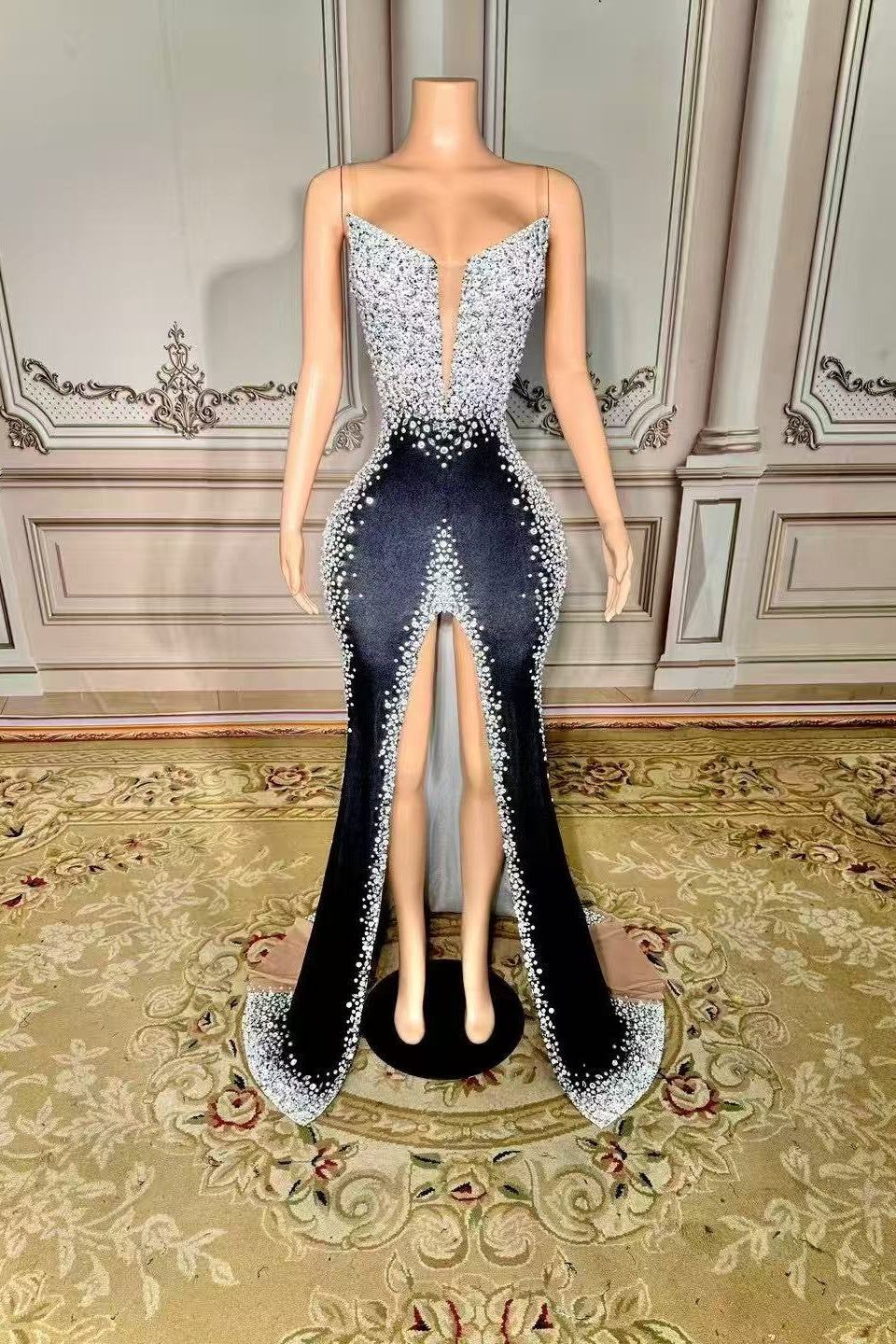 Black Velvet Formal Dress Beaded Evening Dress with Slit suzhoufashion Black Velvet Formal Dress Beaded Evening Dress with Slit suzhoufashion