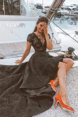 Black Wedding Guest Dress A Line Lace Hi Lo Floor Length Formal Dress
