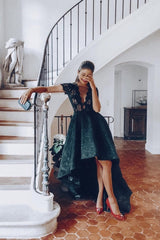 Black Wedding Guest Dress A Line Lace Hi Lo Floor Length Formal Dress