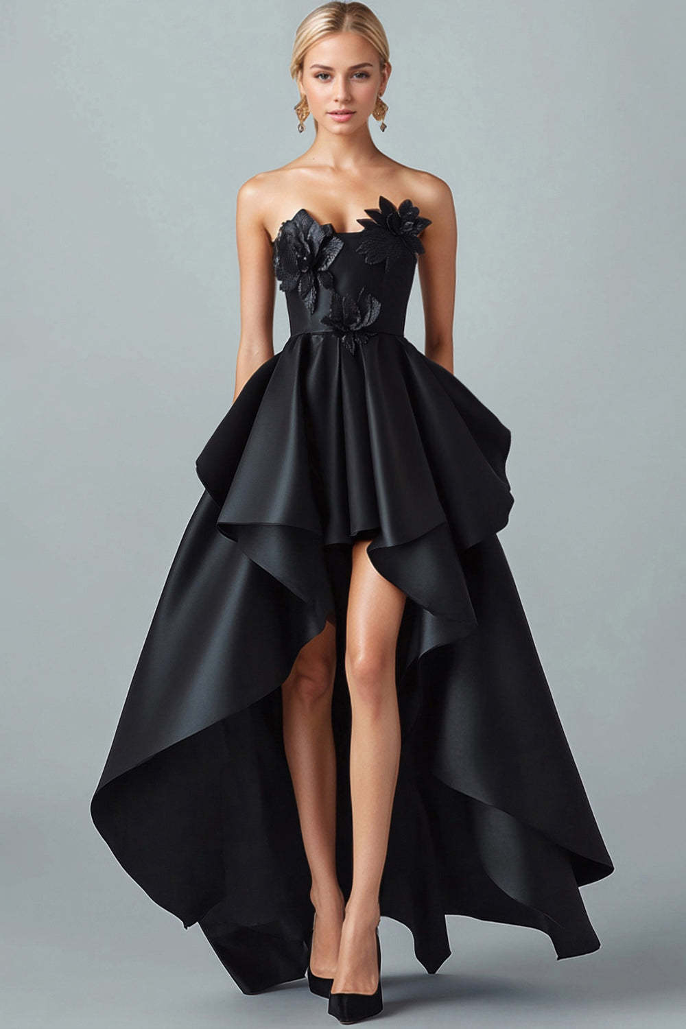 Suzhoufashion Black Wedding Guest Dress High-Low A-Line Strapless 3D Flowers Satin Formal Dress With Ruffles Suzhoufashion Black Wedding Guest Dress High-Low A-Line Strapless 3D Flowers Satin Formal Dress With Ruffles