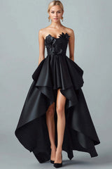 Black Wedding Guest Dress High-Low A-Line Strapless 3D Flowers Satin Formal Dress With Ruffles