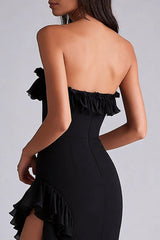 Black Wedding Guest Dress Tiered Strapless Long Chiffon Formal Dress With Slit