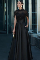 High Neck Short Sleeves Long Evening Formal Dress With Beading Pockets