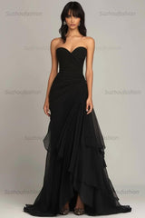 Elegant Sweetheart Ruched Dark Brown Long Formal Dress With Ruffles