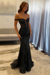 Navy Prom Dress Off The Shoulder Mermaid Long Lace Formal Dress