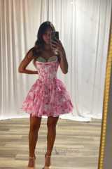 Blue A Line Homecoming Dresses Floral Corset Short Cocktail Dresses With Beading