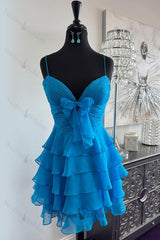Blue A Line Homecoming Dresses Tiered Ruffled Short Cocktail Dresses With Bow