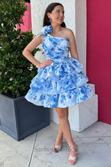 Blue Floral Ruffled A Line Homecoming Dresses One Shoulder Short Cocktail Dresses