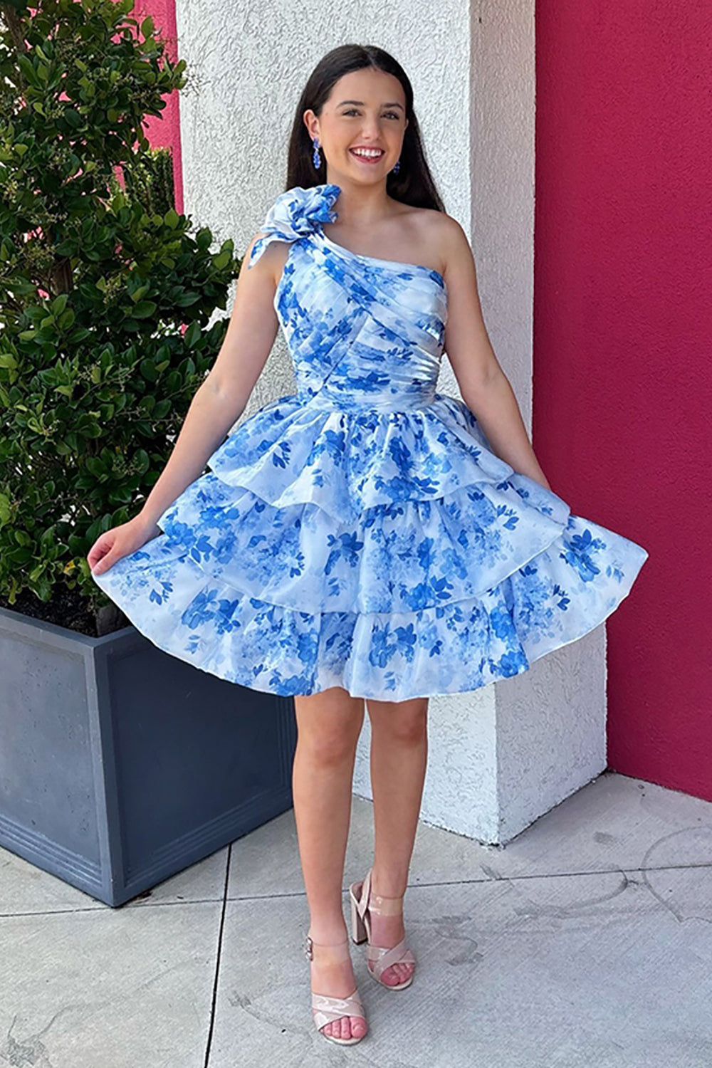 Suzhoufashion Blue Floral Ruffled A Line Homecoming Dresses One Shoulder  Short Cocktail Dresses – suzhoufashion, image size:1000x1500